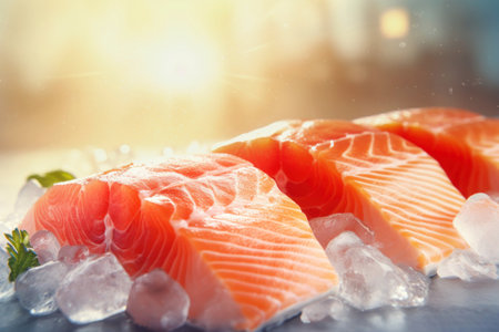 Fresh salmon or trout fish fillet on ice, ready for cooking. Storing fresh chilled fish. Close-upの素材