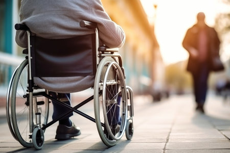 An elderly person with disabilities in a wheelchair in an autumn park. Old age. Walking in a wheelchair in the parkの素材