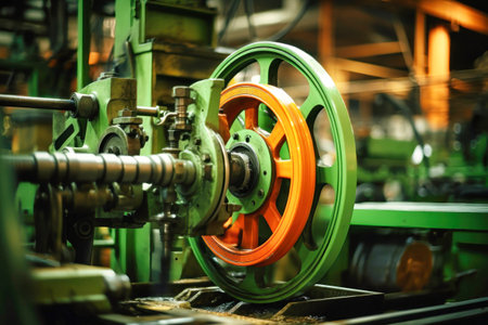 A close up of a machine in a factory. Modern metal processing at an industrial enterprise. Manufacturing of high-precision parts and mechanisms.の素材