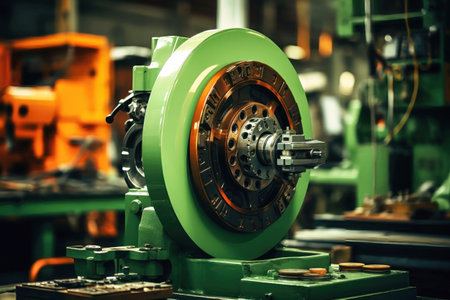 A close up of a machine in a factory. Modern metal processing at an industrial enterprise. Manufacturing of high-precision parts and mechanisms.の素材