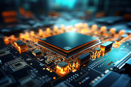 Close-up of an electronic board with a processor or chip. Development of computer technologies. Modern electronics productionの素材