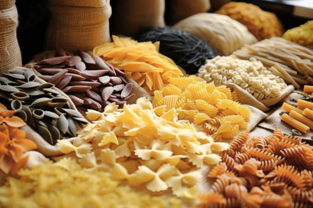 Different types of dried pasta macro. Natural dietary product. Healthy eating concept. Many types of pastaの素材
