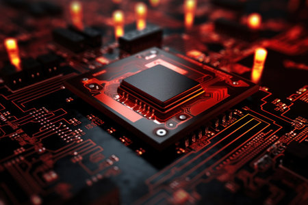 A powerful computer processor or chip on a motherboard. Modern technologies. Red background. Modern electronics productionの素材