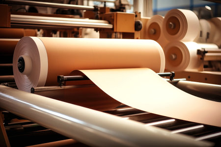 Modern paper production plant. Close-up of industrial equipment. Coated paper and cardboardの素材