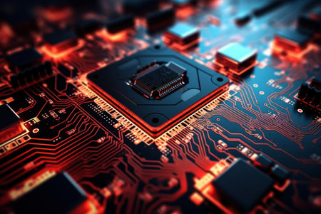 A powerful computer processor or chip on a motherboard. Modern technologies. Red background. Modern electronics productionの素材