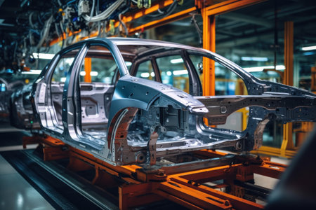 Car production line. Assembling a car on a conveyor belt. Close-up of a car body. Automotive industry Interior of a high-tech factory, modern productionの素材