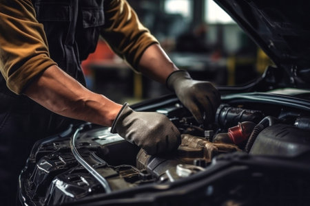 A mechanic in a workshop diagnoses and repairs the engine and car systems. Car repair and diagnostics in the garage. Modern car service. Brutal worker mechanicの素材