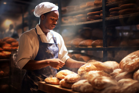 A worker at a bakery takes fresh bread out of the oven. Industrial productionの素材