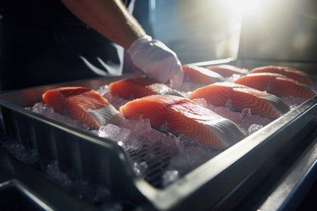 Close-up of a worker's hands sorting salmon fillets on a conveyor belt at a fish processing plant. Large pieces of fresh salmonの素材
