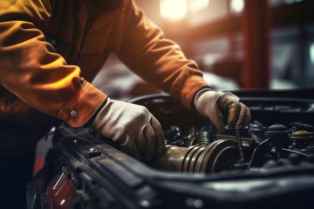 A mechanic in a workshop diagnoses and repairs the engine and car systems. Car repair and diagnostics in the garage. Modern car service. Brutal worker mechanicの素材