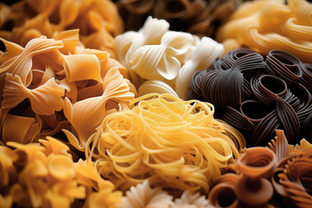 layout of Italian raw pasta, top view, different types and shapes of pasta, durum wheat noodles, close-upの素材