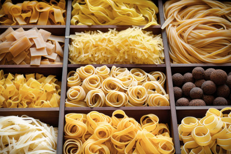 Different types of pasta as background, closeup. Pasta and spaghetti from durum wheatの素材