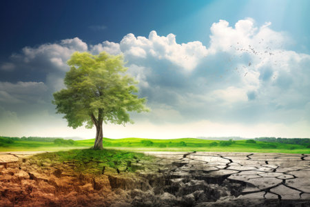 Dry land with cracked soil and a lonely tree. Global warming concept. Soil erosion. Ecology. Deforestationの素材