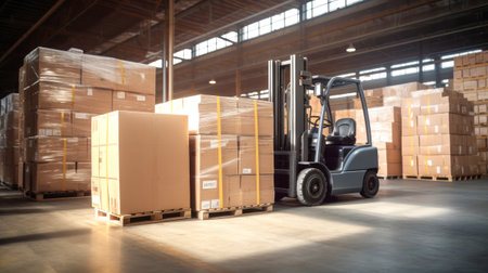 A small forklift on a huge warehouse transports pallets with boxes. Cargo handlingの素材