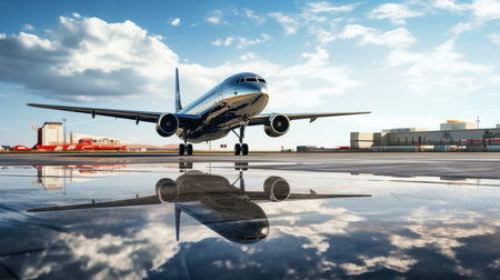 A large passenger plane lands on the runway. Tourism and travel conceptの素材