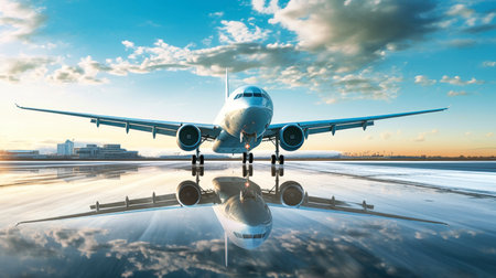 A large passenger plane lands on the runway. Tourism and travel conceptの素材
