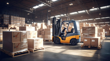 A forklift lifts cargo onto racks in an industrial warehouse. Forklift for warehouse and industryの素材