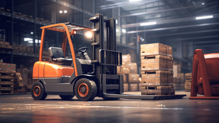 Product warehouse with forklift in a factory. Cargo warehousing. Special equipment for cargoの素材