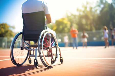 A disabled man in a wheelchair on a sports ground. Sports for people with disabilities. Basketballの素材