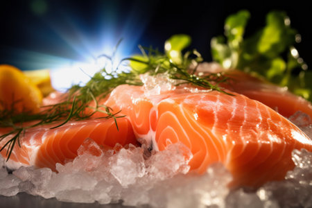 The freshest steak or fillet of fresh Atlantic salmon with herbs. Fresh fish chilled in ice. close-up Ready to eatの素材