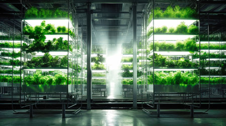 Growing food all year round using hydroponics. Fresh eco-friendly greens in the greenhouseの素材