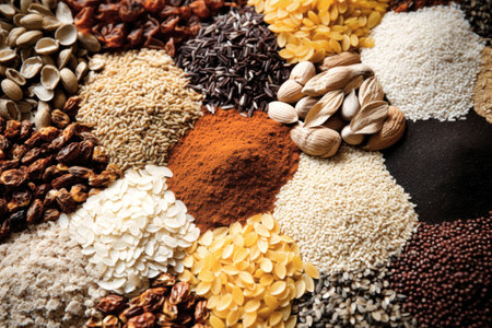 Various groats legumes, grains. Many types of cereals collected together. Agriculture and healthy eating concept. Close-up. Selective focusの素材