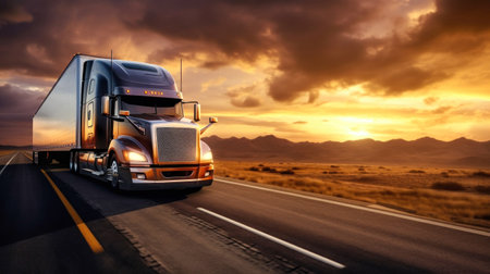A long-haul semi-trailer is speeding down the highway to deliver a heavy load. Cargo transportation and logistics. Heavy truckの素材