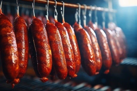 A row of sausages hanging from a rack. Industrial smoking of sausages and meat products. Farm sausage production.の素材
