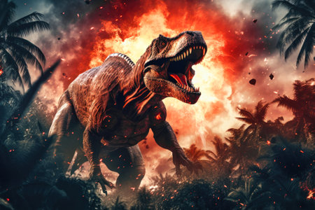 A terrible dinosaur Tyrannosaurus T-rex with an open huge mouth and powerful teeth. Prehistoric monsterの素材