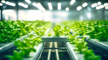 Greenhouse with hydroponic system. Growing fresh vegetables and herbs for people. Without GMOの素材