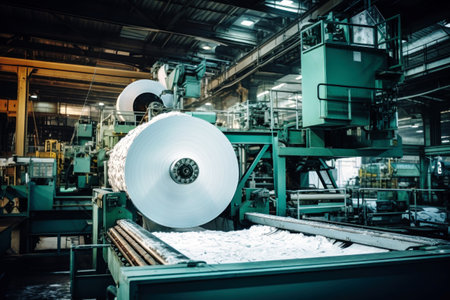 Modern paper production plant. Close-up of industrial equipment. Coated paper and cardboardの素材
