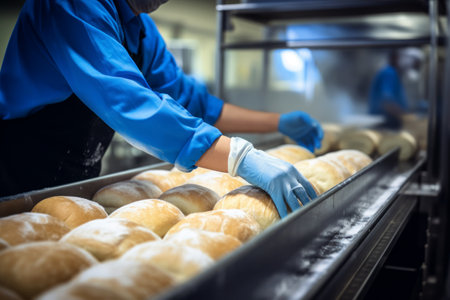 A worker at a bakery takes fresh bread out of the oven. Industrial productionの素材