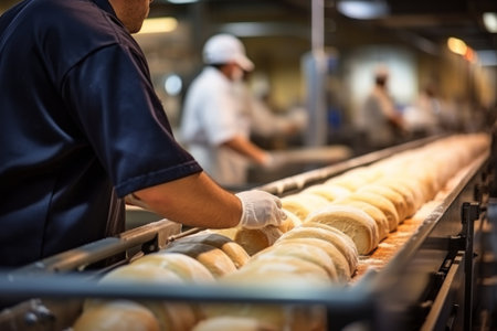 Conveyor with fresh bread at the factory. Bread production enterprise. Bakery Close-up. Industrial line for baking breadの素材