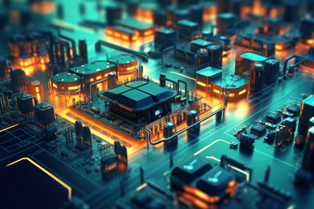 Motherboard with electronic components. Powerful processor. Development of computer technologies. Modern electronics productionの素材