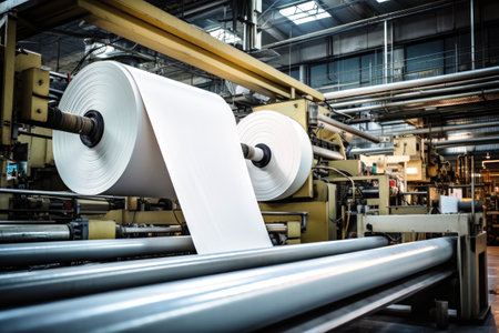 Modern paper production plant. Close-up of industrial equipment. Coated paper and cardboardの素材