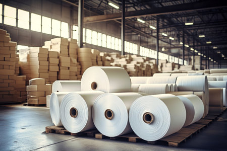 Huge rolls of paper are stored in the factory warehouse. Industrial paper production. Finished products of a paper processing plantの素材