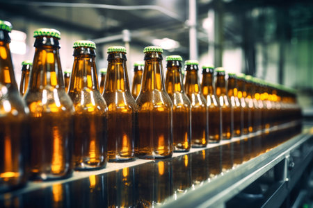 Beer production plant. Brewery conveyor with glass bottles of beer and alcohol. Close-up. Blurred background. Modern production for bottling drinks. Selective focusの素材