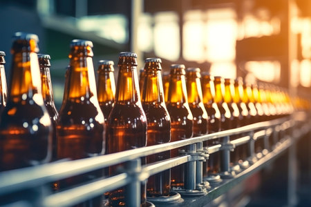 Factory for the production of beer. Brewery conveyor with glass beer drink alcohol bottles. Blurred background. Modern production for bottling drinks. Selective focusの素材