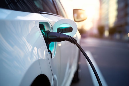 EV charging station for electric car in concept of green energy and eco power produced from sustainable source to supply to charger station in order to reduce CO2 emissionの素材