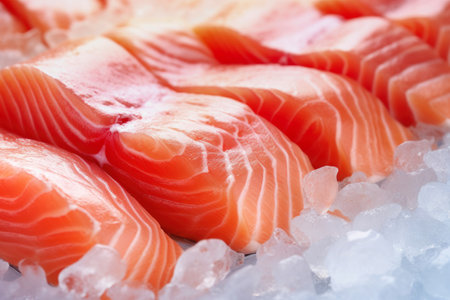The freshest steak or fillet of fresh Atlantic salmon with herbs. Fresh fish chilled in ice. close-up Ready to eatの素材
