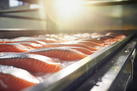 The detail of a fish salmon factory, processing line. Fish and food industry abstract. Salmon fillet on an industrial conveyorの素材