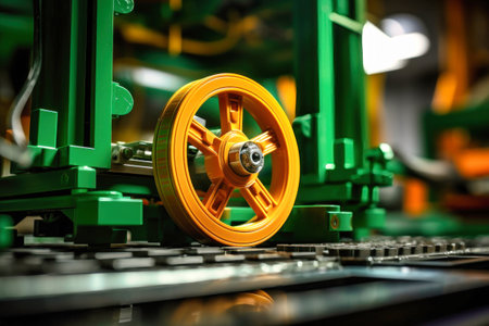 A close up of a yellow wheel on a machine. Modern metal processing at an industrial enterprise. Manufacturing of high-precision parts and mechanisms.の素材
