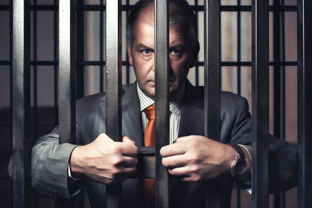 A politician or businessman in a business suit behind prison bars. Corruption in government and business. Punishment for a crimeの素材