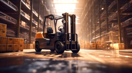 A modern forklift for working in a warehouse, loading, unloading and transporting goods. Logistics warehouseの素材