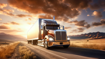 semi-trailer on the highway, highway. sunrise or sunset. The vehicle carries out international cargo transportation. Deserted highway with a truckの素材