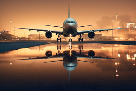 An passengers with airplane takes off from a modern airport in the evening at sunsetの素材