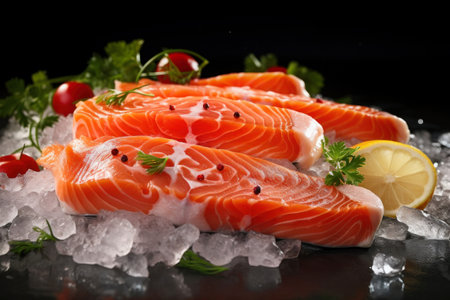 The freshest steak or fillet of fresh Atlantic salmon with herbs. Fresh fish chilled in ice. close-up Ready to eatの素材