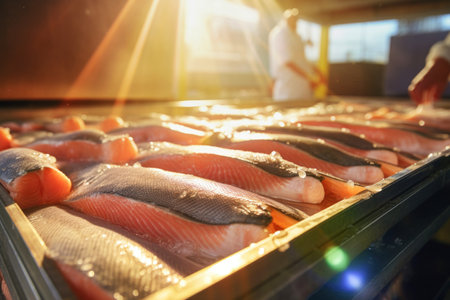 A production line of fresh salmon fillets at a fish processing factory. Close-upの素材