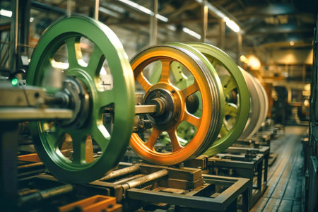 A machine that has some wheels on it. Modern metal processing at an industrial enterprise. Manufacturing of high-precision parts and mechanisms.の素材