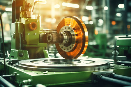 A close up of a machine that is working. Modern metal processing at an industrial enterprise. Manufacturing of high-precision parts and mechanisms.の素材